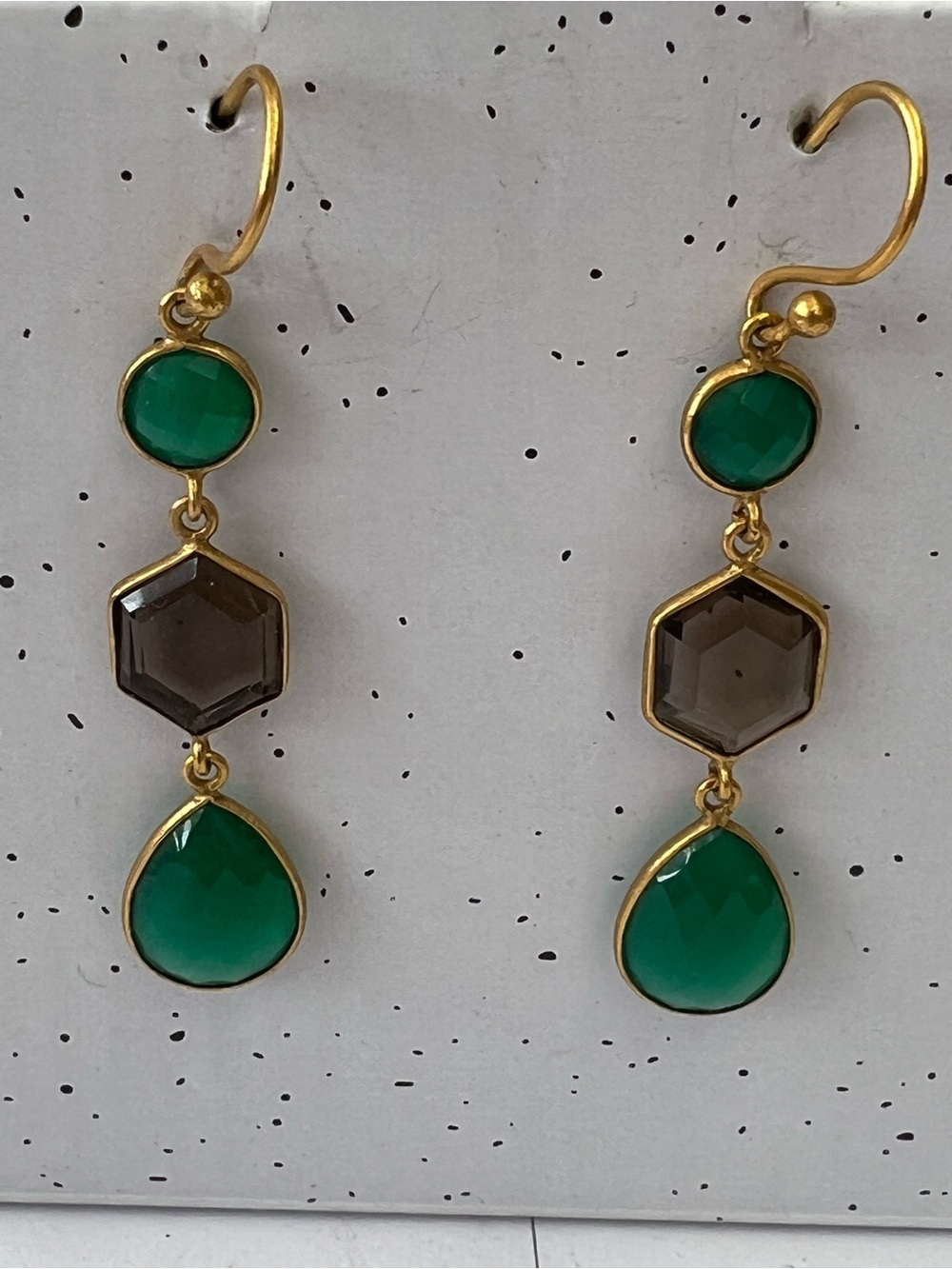 Gold-Plated  Green & Smoky  quartz Gemstone Drop Earrings